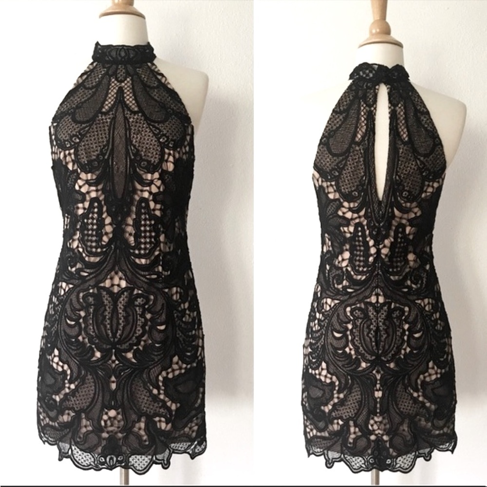 Bebe high neck lace mini dress
